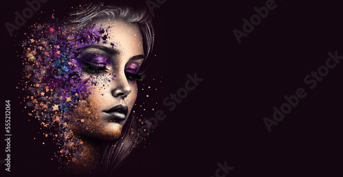 Beautiful Makeup Woman Banner Illustration, Watercolor Cosmetic Girl, Fashion Illustration, Generative AI