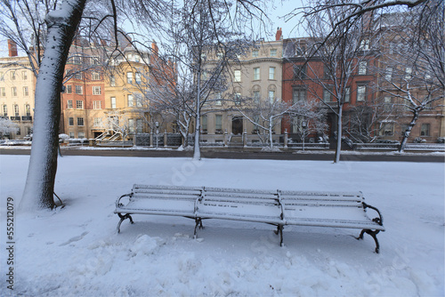 Bench in a park after a snow storm, Commonwealth Avenue Mall, Back Bay, Boston, Suffolk County, Massachusetts, USA photo