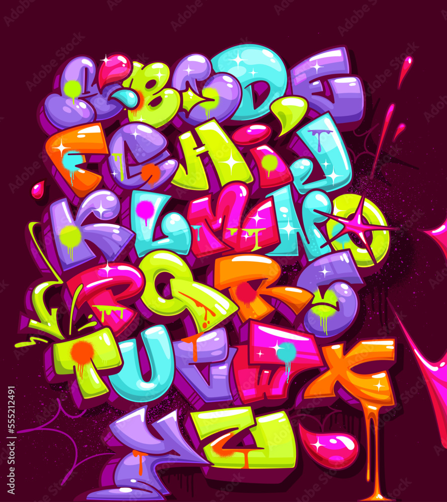 Cartoon kids alphabet in graffiti colorful splash paint style Stock