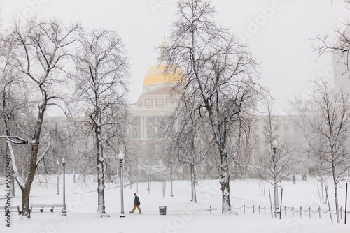 Massachusetts State House and Boston Common during blizzard in Boston, Suffolk County, Massachusetts, USA photo