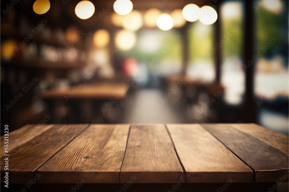 Selected focus empty brown wooden table and Coffee shop or restaurant blur background with bokeh image. for your photo montage or product display. Generative AI