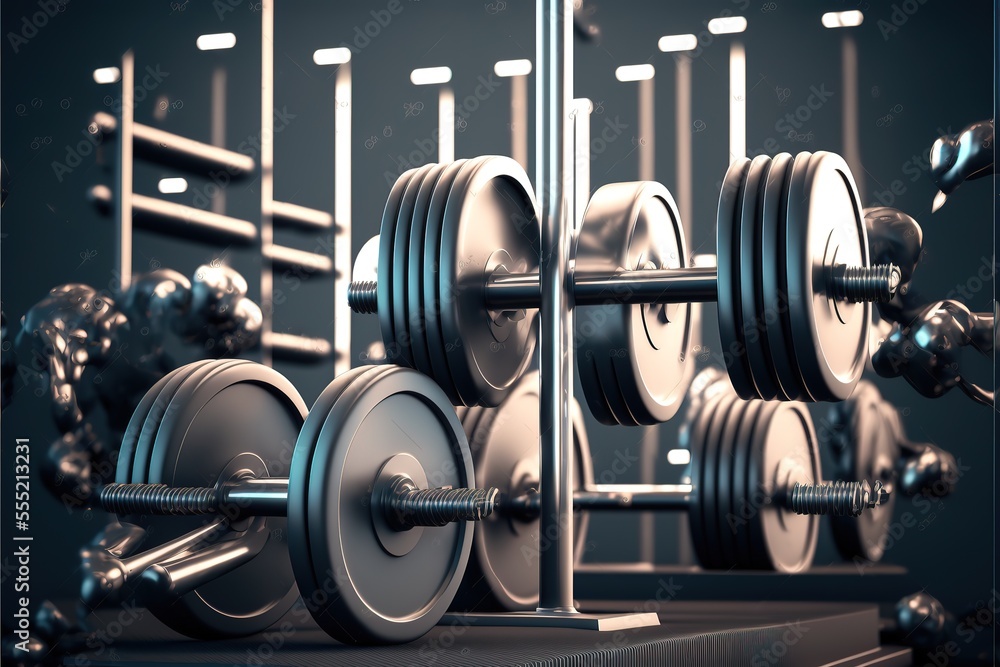 Modern light gym. Sports equipment in gym. Barbells of different weight on rack. Generative AI