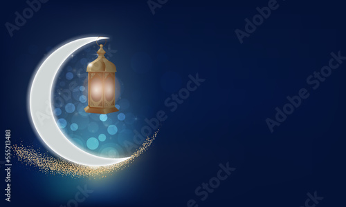 Ramadan Kareem background banner. Islamic Greeting Cards for Muslim Holidays and Ramadan. Blue banner with moon and lantern.