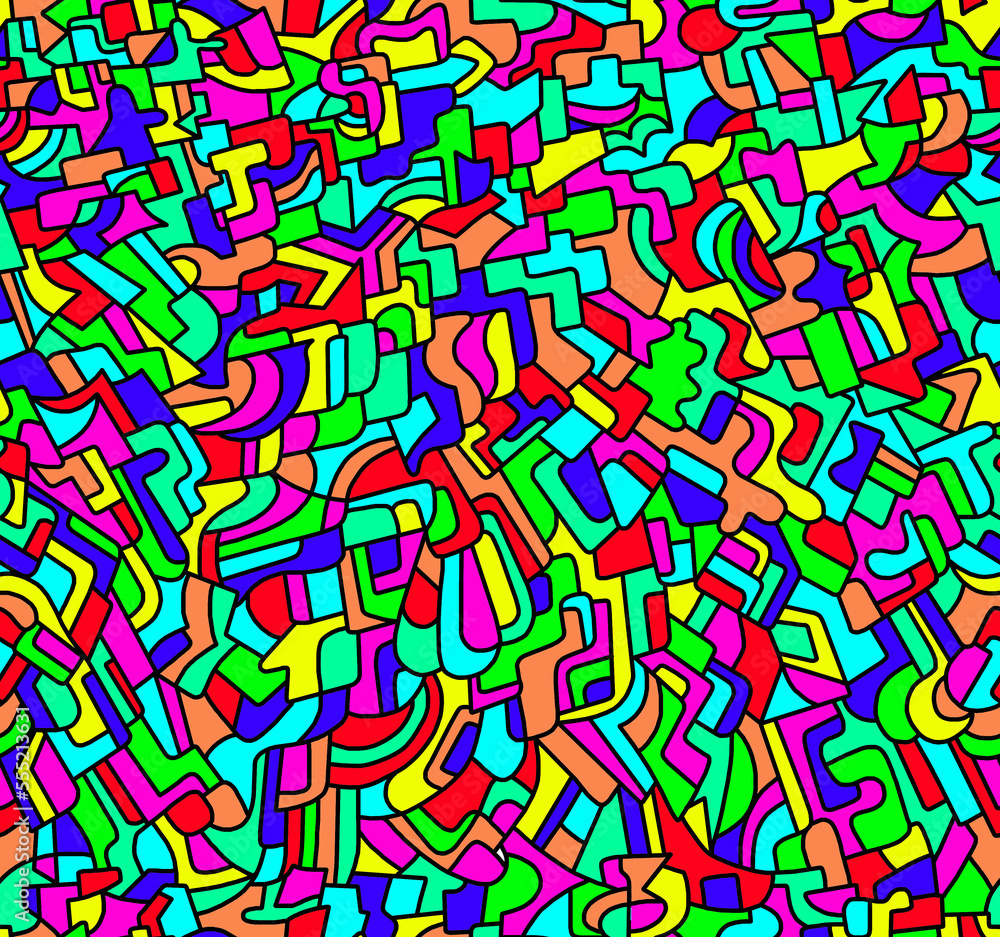 Abstract drawing of white lines on black, painted with multicolored paints.Seamless background.	