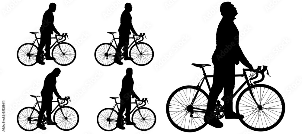 Obraz premium The guy stands motionless and holds the handlebars of a bicycle in his hands. A man with a bicycle looks around and turns his head around. Side view. Five black male silhouettes isolated on white