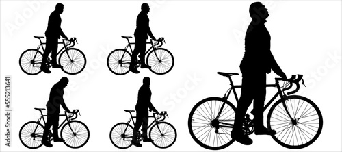 The guy stands motionless and holds the handlebars of a bicycle in his hands. A man with a bicycle looks around and turns his head around. Side view. Five black male silhouettes isolated on white