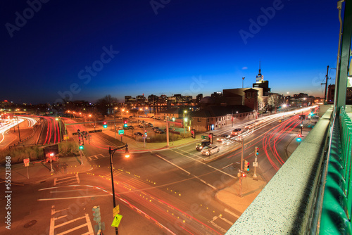 Leverett Circle at dusk and Museum Of Science and Monsignor O'Brien Highway and Storrow Drive, Boston, Massachusetts, USA