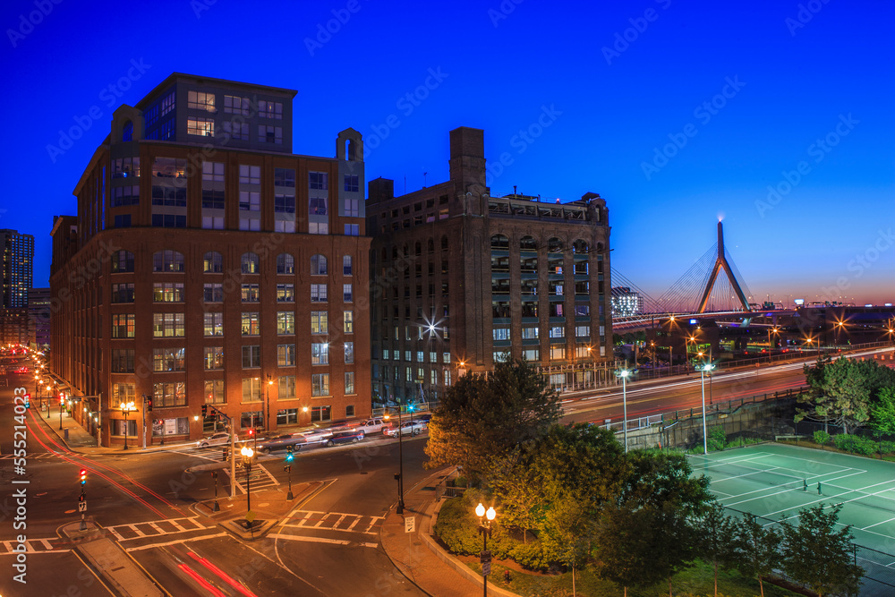 City lit up at dusk, Leonard P. Zakim Bunker Hill Bridge, North End, Boston, Massachusetts, USA City lit up at dusk, Leonard P. Zakim Bunker Hill Bridge, North End, Boston, Massachusetts, USA