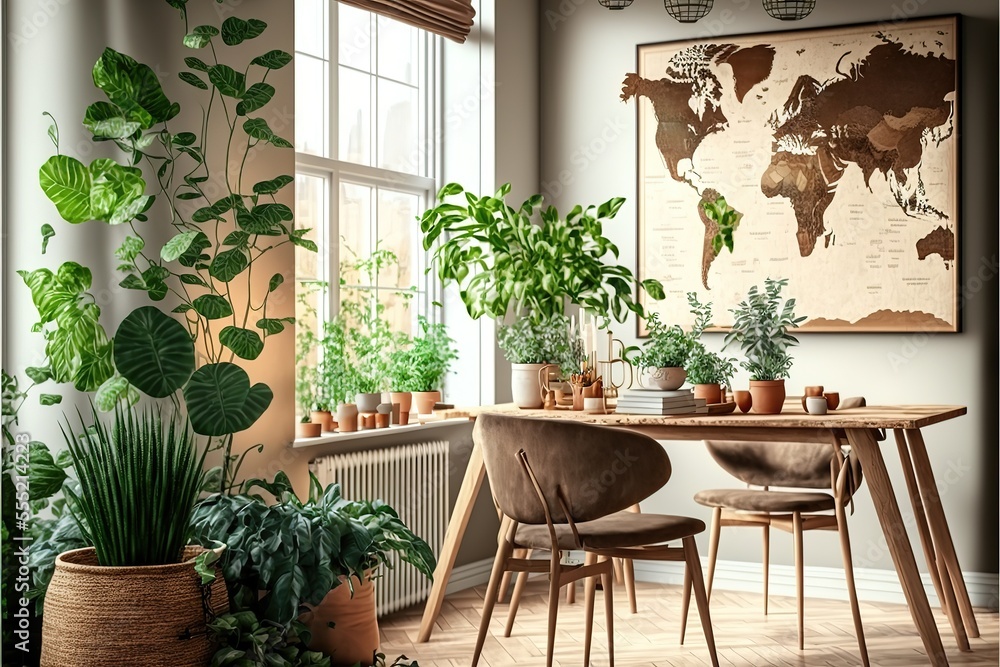 Stylish and botany interior of dining room with design craft wooden table, chairs, plants, big window, poster map and elegant accessories in modern home decor. Generative AI