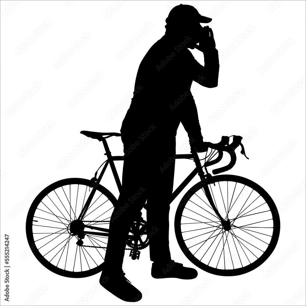 Obraz premium A cyclist in a cap holds his bike behind the wheel. The man calls raised his hand to his mouth and calls someone. Side view of both the bike and the person. Black male silhouette isolated on white