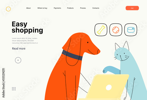 Easy shopping - Online shopping and electronic commerce series - modern flat vector concept illustration of pets doing an order online on laptop. Promotion, discounts, sale and online orders concept