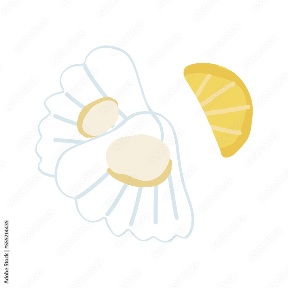 Moluski, mussels cute vector illustration with lemon citrus. seafood asian latinamerican dinner.