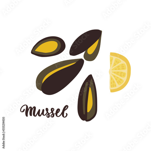 Moluski, mussels cute vector illustration with lemon citrus. seafood asian latinamerican dinner.