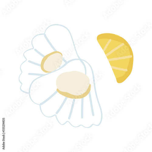 Moluski, mussels cute vector illustration with lemon citrus. seafood asian latinamerican dinner.