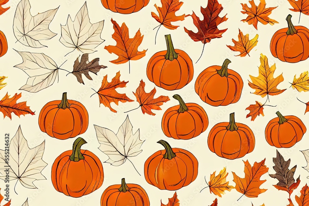 Pumpkins decorate a cream backdrop in this seamless autumnal pattern including leaves. Generative AI Pumpkins decorate a cream backdrop in this seamless autumnal pattern including leaves. Generative AI