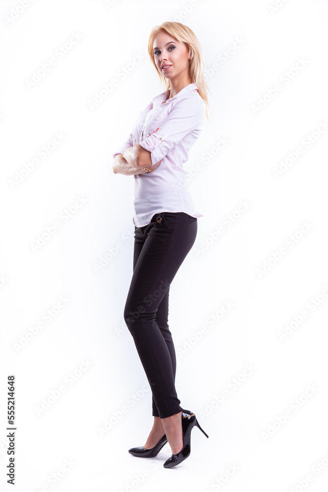 Figure blonde woman posing on white background Figure blonde woman posing on white background