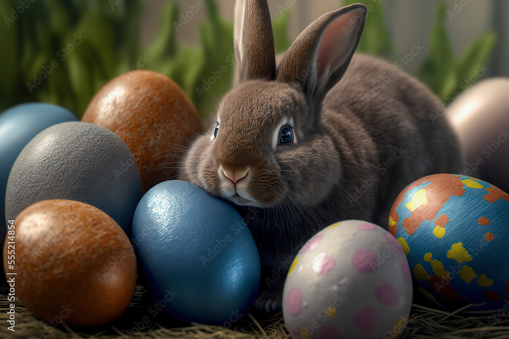Easter bunny and painted eggs, close up background