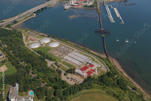 Sewage treatment plant at edge of bay