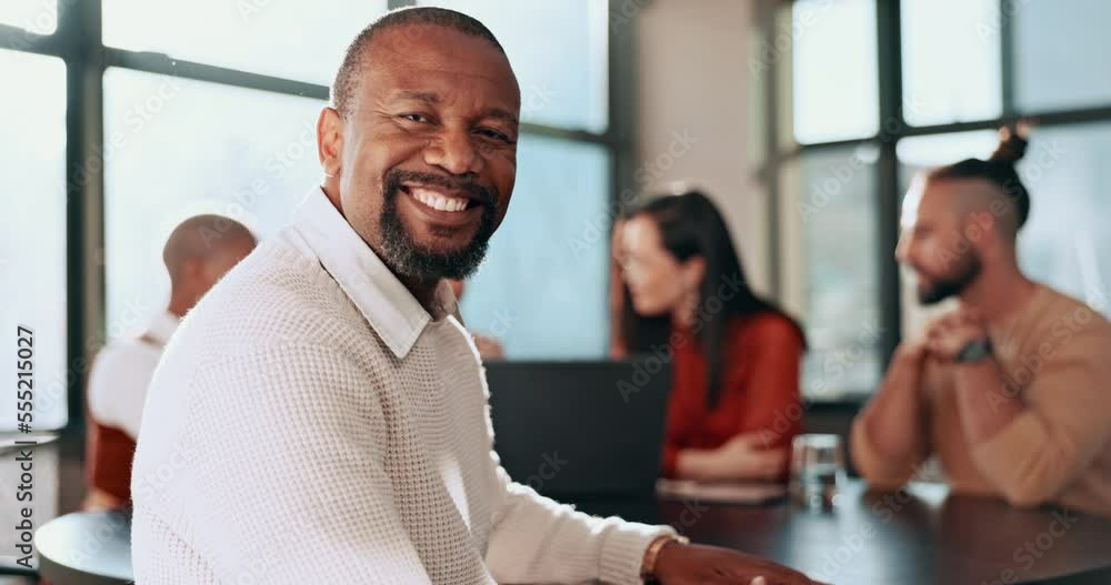 Happy black man, portrait and business meeting with office teamwork, management and workflow support for startup success. Smile, motivation and mature leadership, manager or collaboration in workshop Happy black man, portrait and business meeting with office teamwork, management and workflow support for startup success. Smile, motivation and mature leadership, manager or collaboration in workshop