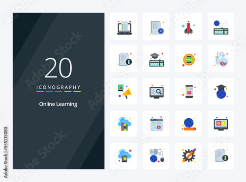 20 Online Learning Flat Color icon for presentation