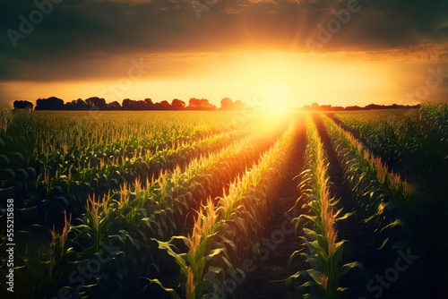 Fotomurale a cornfield stock photo Corn - Crop, Corn, Agricultural Field, Sunrise