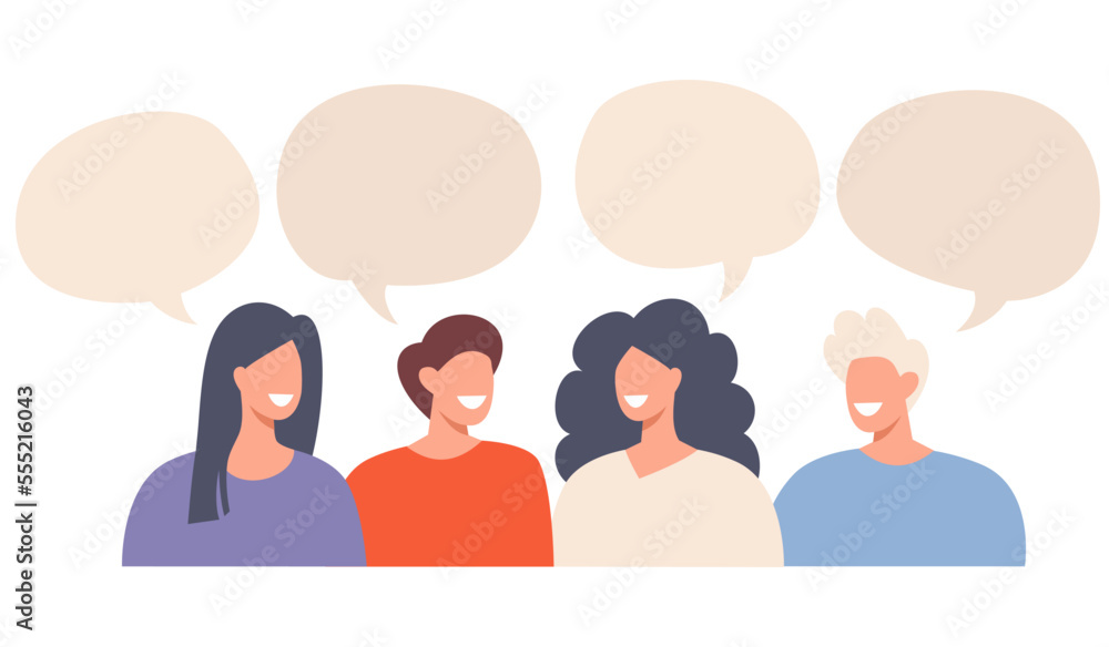 Flat vector illustration. Men and women talking and arguing. Speech bubbles. The concept of discussion and debate Flat vector illustration. Men and women talking and arguing. Speech bubbles. The concept of discussion and debate
