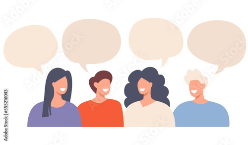 Flat vector illustration. Men and women talking and arguing. Speech bubbles. The concept of discussion and debate 