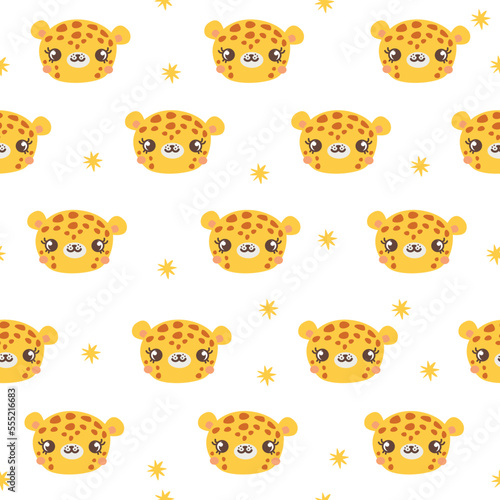 Seamless vector pattern. Cute leopard faces  yellow stars. Gentle pattern for children s products 