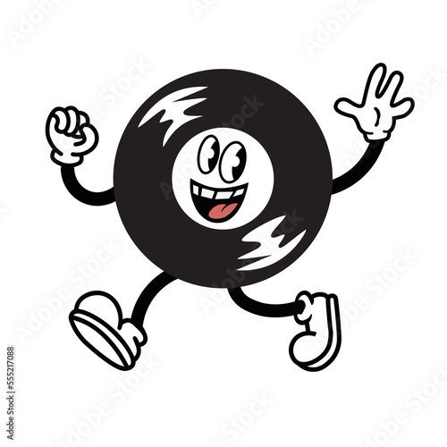 A cheerful, vintage cartoon-style vinyl record character with a face, arms, and legs is depicted running or jumping with an energetic and excited expression. Vector