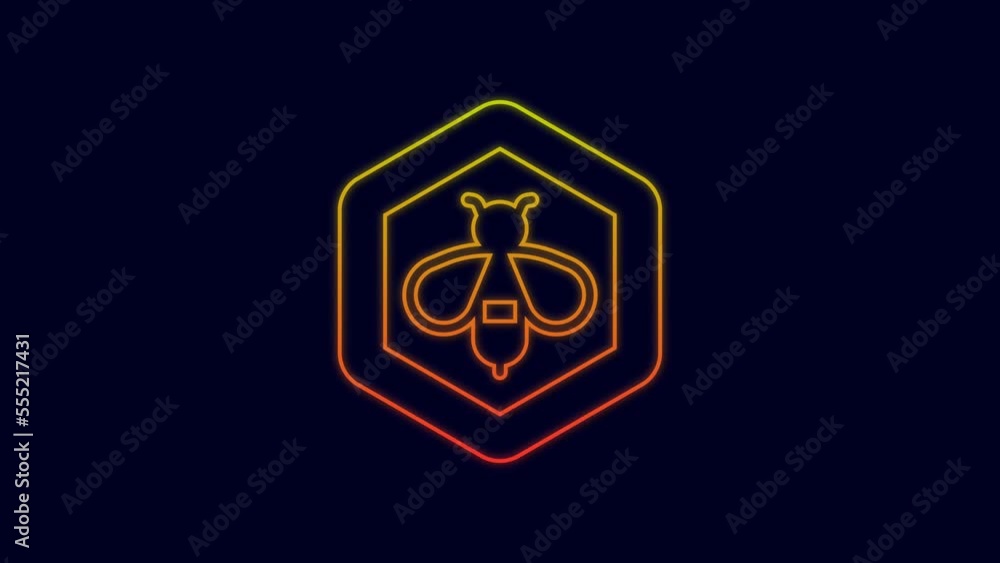 Glowing neon line Bee and honeycomb icon isolated on blue background. Honey cells. Honeybee or apis with wings symbol. Flying insect. Sweet natural food. 4K Video motion graphic animation Glowing neon line Bee and honeycomb icon isolated on blue background. Honey cells. Honeybee or apis with wings symbol. Flying insect. Sweet natural food. 4K Video motion graphic animation
