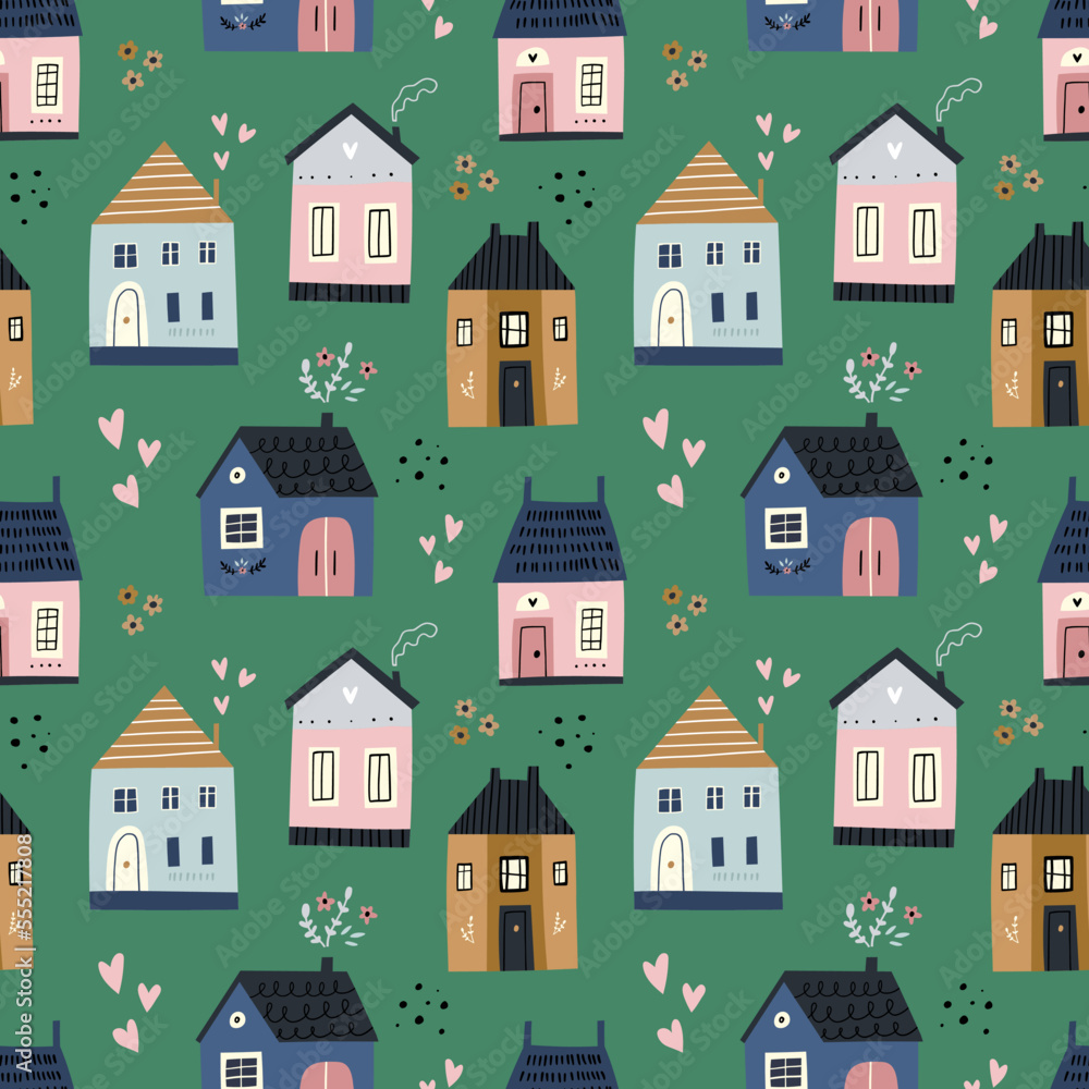 Contemporary seamless pattern set with cute houses