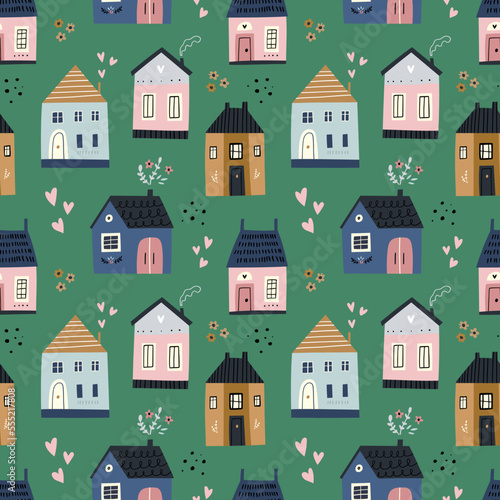 Fototapeta Naklejka Na Ścianę i Meble -  Contemporary seamless pattern set with cute houses