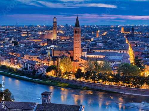 Verona, Veneto, Italy. View of Verona during the blue hour from the San Pietro hill and the Adige river.