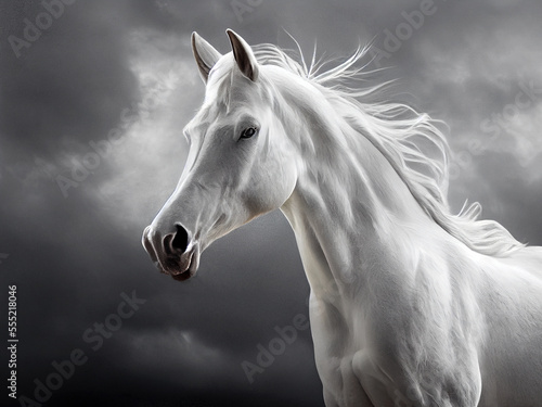 Beautiful white horse on sky background.