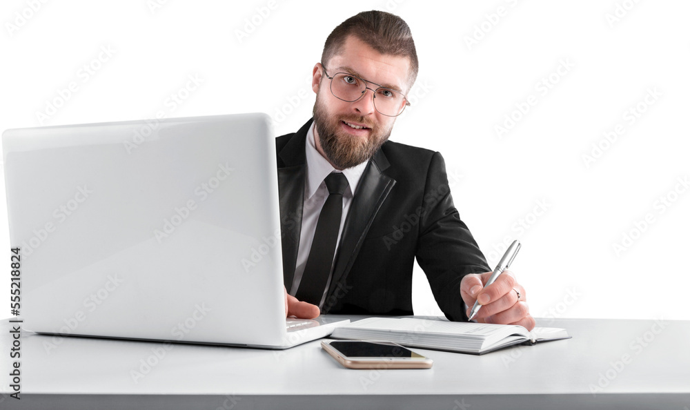 Businessman working on via laptop computer making research for planning startup Businessman working on via laptop computer making research for planning startup