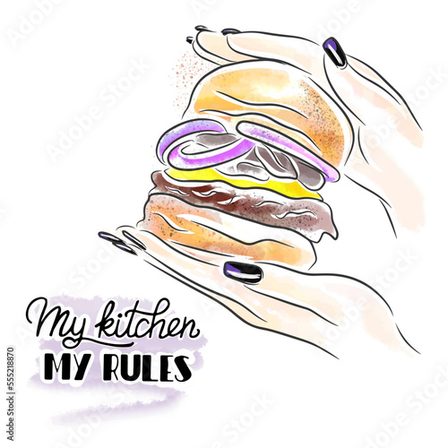 Hamburger with onion in hands with long nails, lettering, watercolor