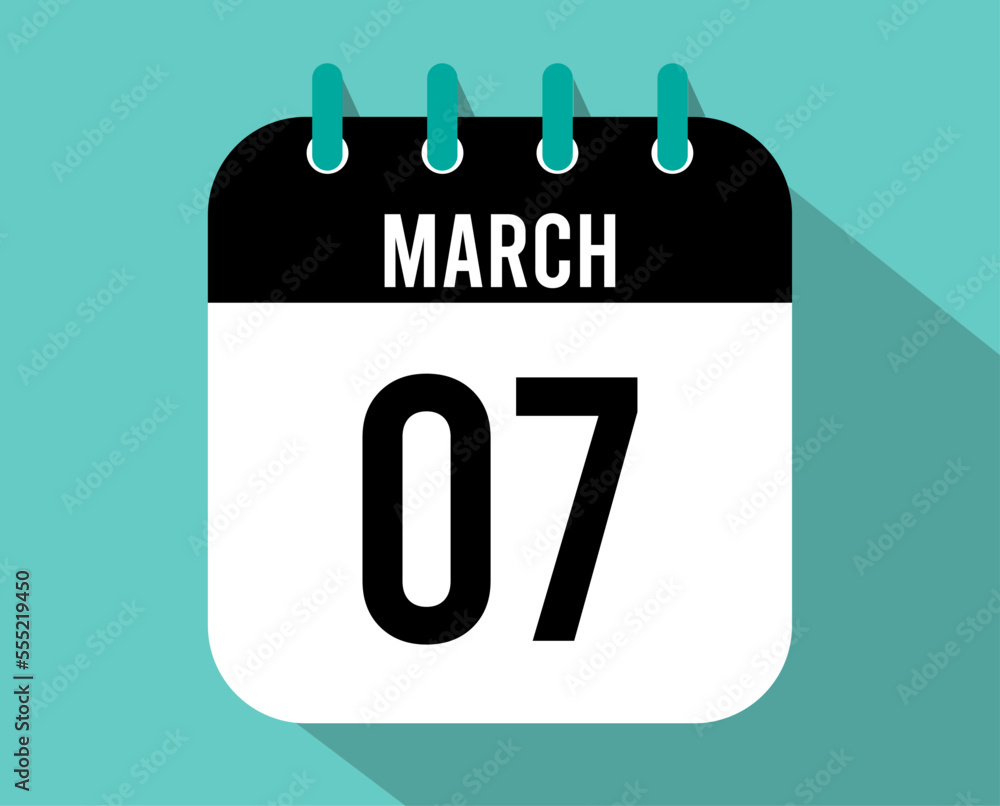 7 March calendar icon. Vector black for the month of March with shadow effect 7 March calendar icon. Vector black for the month of March with shadow effect