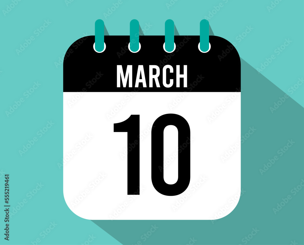 10 March calendar icon. Vector black for the month of March with shadow effect 10 March calendar icon. Vector black for the month of March with shadow effect