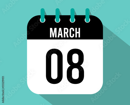 8 March calendar icon. Vector black for the month of March with shadow effect