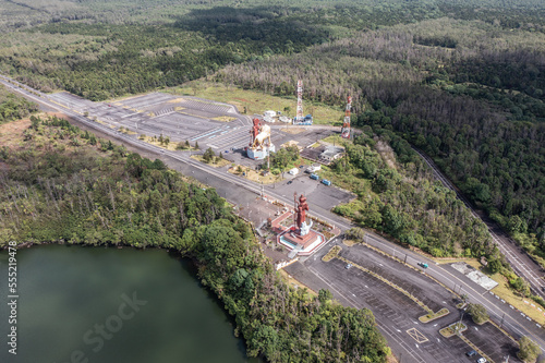 aerial video view of area around Ganga Talao ( Grand Bassin) a crater lake in district of Savanne, Mauritius with "The She Mandir" temple dedicated to Lord Shiva and other temples. K4 footage