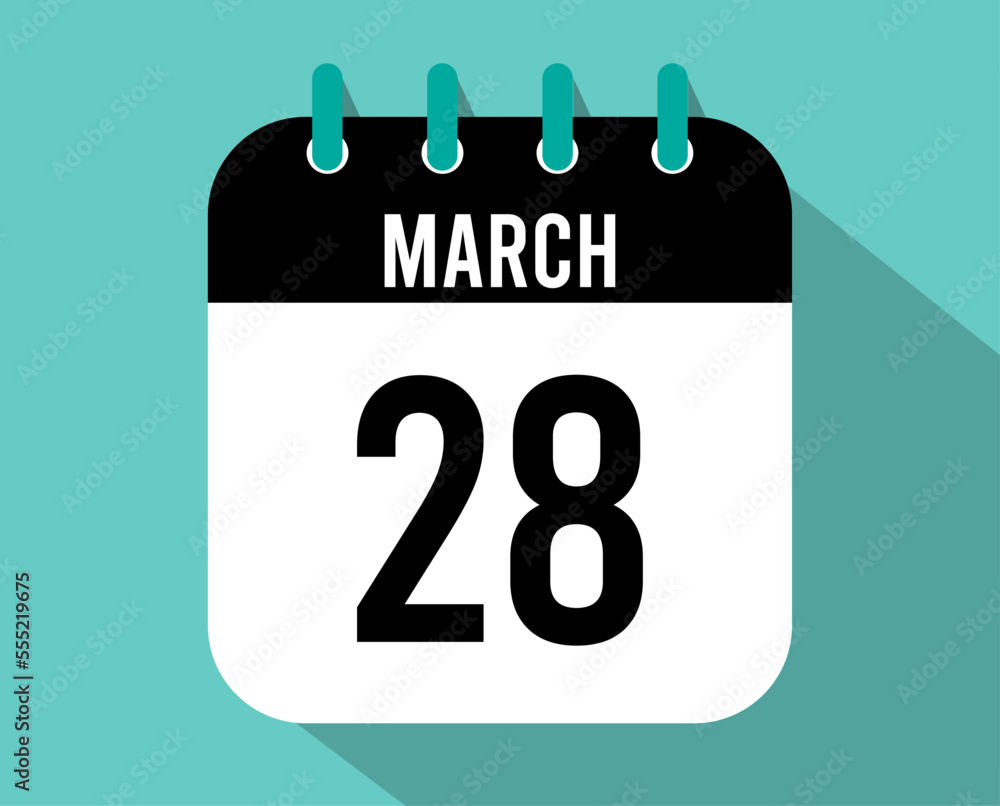28 March calendar icon. Vector black for the month of March with shadow effect 28 March calendar icon. Vector black for the month of March with shadow effect