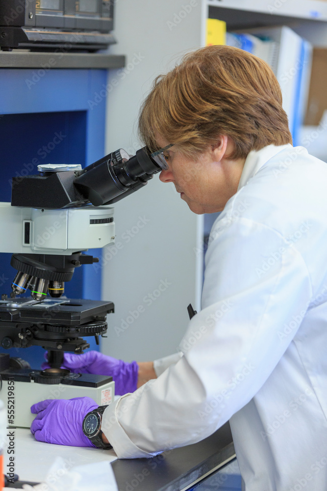 Lab chemist examining a sample slide on a microscope Lab chemist examining a sample slide on a microscope