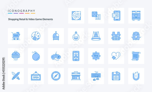 25 Shoping Retail And Video Game Elements Blue icon pack