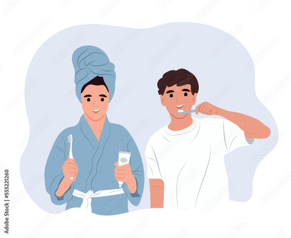 Children take care of their teeth and oral cavity. World Oral Health Day. Podlvtki cares about the health of their teeth and gums. Vector flat illustration