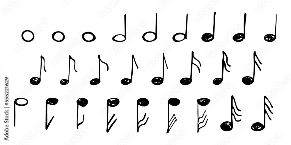 Music note doodle set. Hand drawn musical symbol. Elements for print, web, design, decor, logo Music note doodle set. Hand drawn musical symbol. Elements for print, web, design, decor, logo