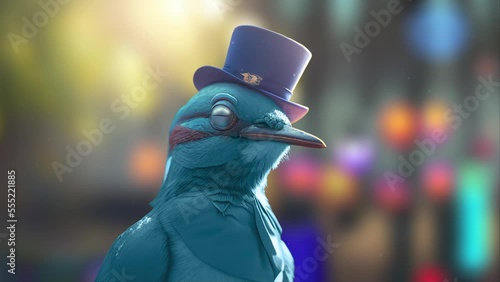 3D rendering, billionaire blue bird with three-piece suit and top hat. A cyan volatile aristocrat. Social blue blood bird.