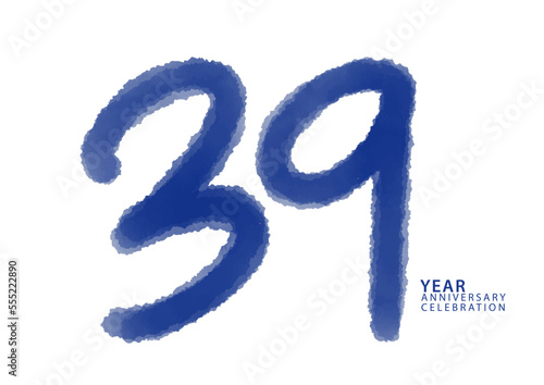 39 year anniversary celebration blue color logotype vector, 39 number design, 39th Birthday invitation, logo number design vector illustration, blue logo brushstroke illustration