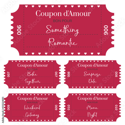 coupons for a couple. tickets for valentine's day. Set of love coupons with wishes and numbers