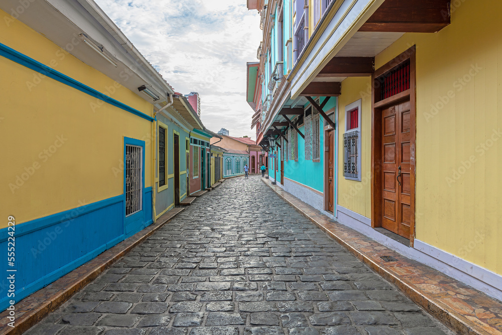 Colorful pedestrian street of Guayaquil with cobblestones and traditional colonial architecture, Guayaquil, Ecuador.