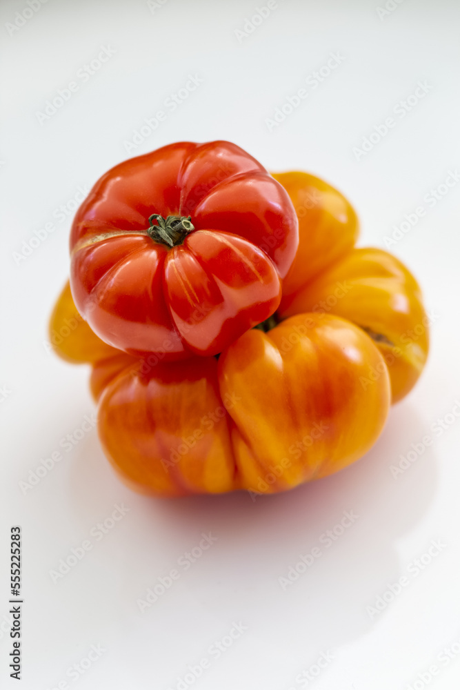 Two varieties and colors of heirloom tomatoes on a white background; Surrey, British Columbia, Canada Two varieties and colors of heirloom tomatoes on a white background; Surrey, British Columbia, Canada